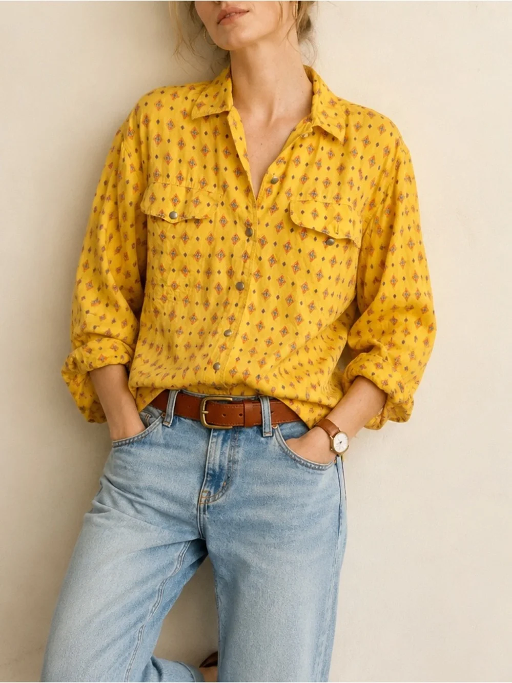 Vintage 90s Lizwear Yellow Geometric Print Rayon Button Down Shirt Size Small - Picture 1 of 11